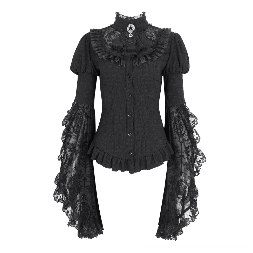 Black lace blouse flat lay front view with ornate brooch collar detail and button front closure