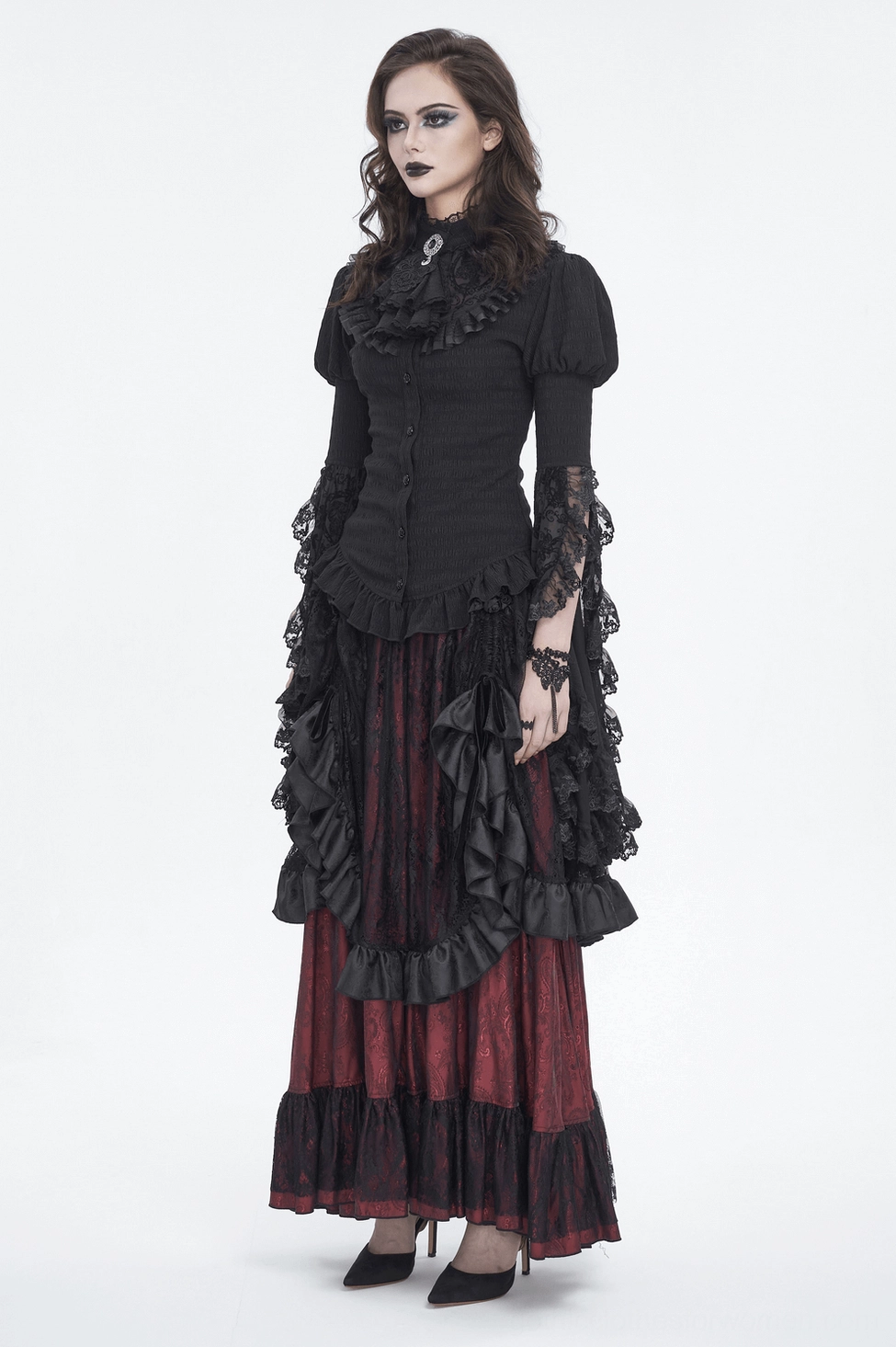 Black lace blouse full-body model shot demonstrating fit, proportions, and styling potential
