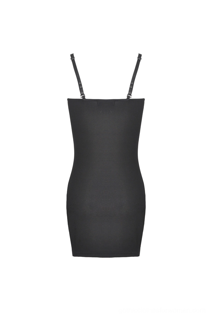 Black camisole bodycon dress flat lay back view, showing slim spaghetti straps and bodycon silhouette detail on white background