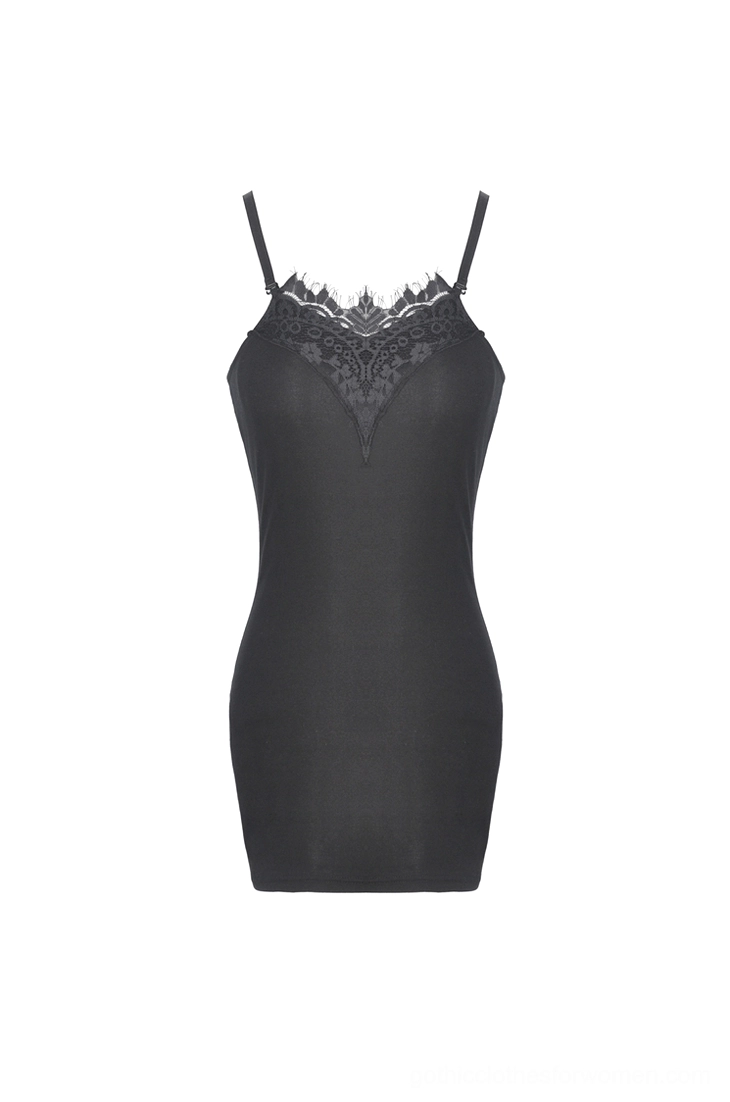 Black lace bodycon camisole dress flat lay front view, featuring eyelash lace trim neckline and spaghetti straps on white background