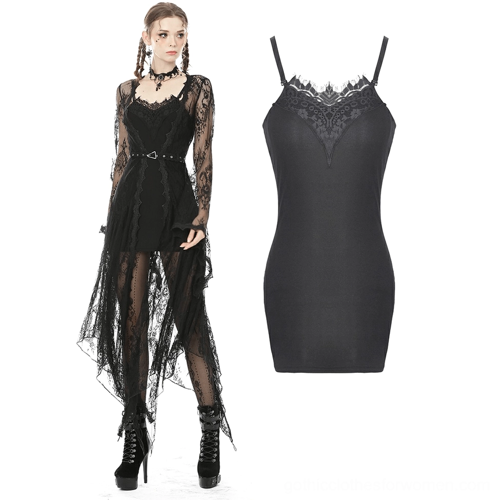 Black camisole dress with lace outer overlay, 3/4 front angle showing layered lace neckline, sheer overlay skirt, and bodycon fit on model