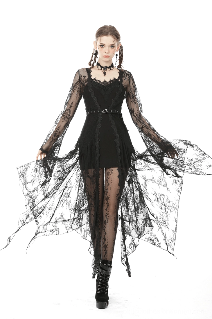 Black lace bodycon dress additional perspective view highlighting lace overlay and sheer elements of the gothic design