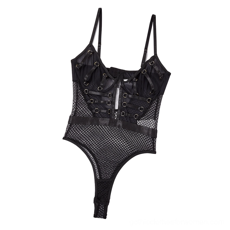 Black lace fishnet bodysuit flat lay with front buckle strap detail, product only