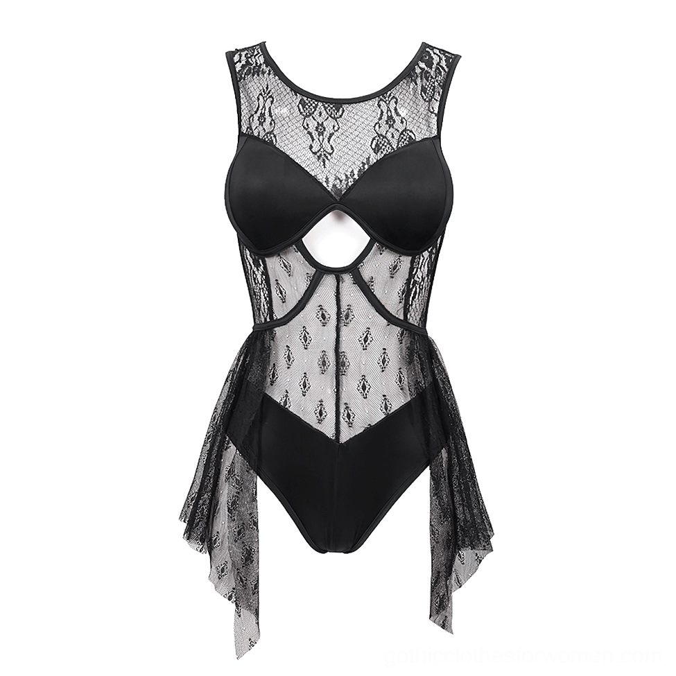 Black sheer lace bodysuit flat lay front view with underwire cups and asymmetrical sheer hem