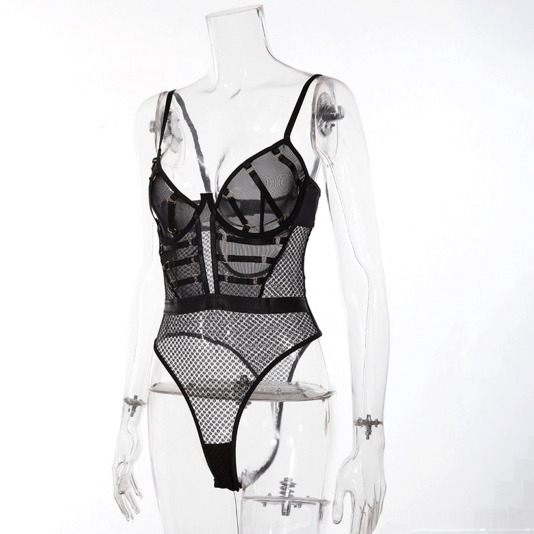 Black lace fishnet bodysuit on mannequin, side view displaying structured underwire cups