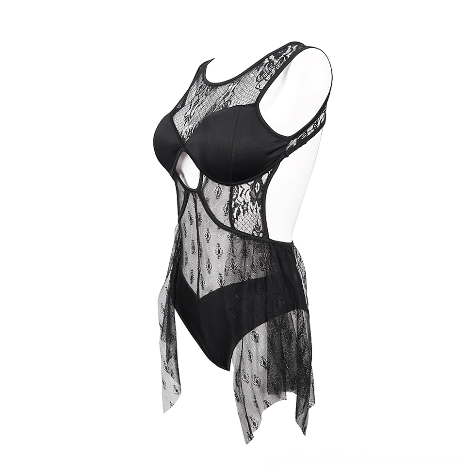 Left side three-quarter view of black sheer lace gothic bodysuit showing sleeveless design