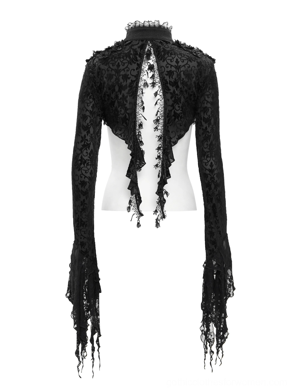Black lace bolero back view on mannequin torso displaying open back design with lace tassel drape and Victorian-inspired construction