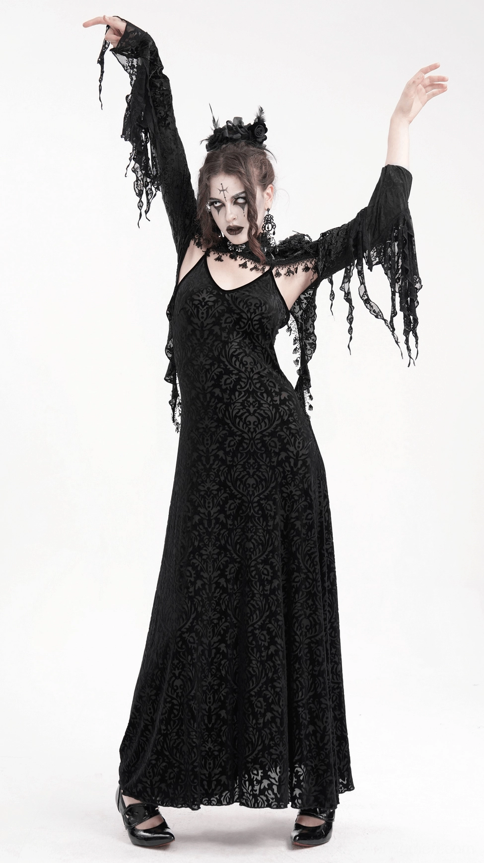 Black lace bolero back and shoulder detail on model displaying open back asymmetrical design and upper back coverage