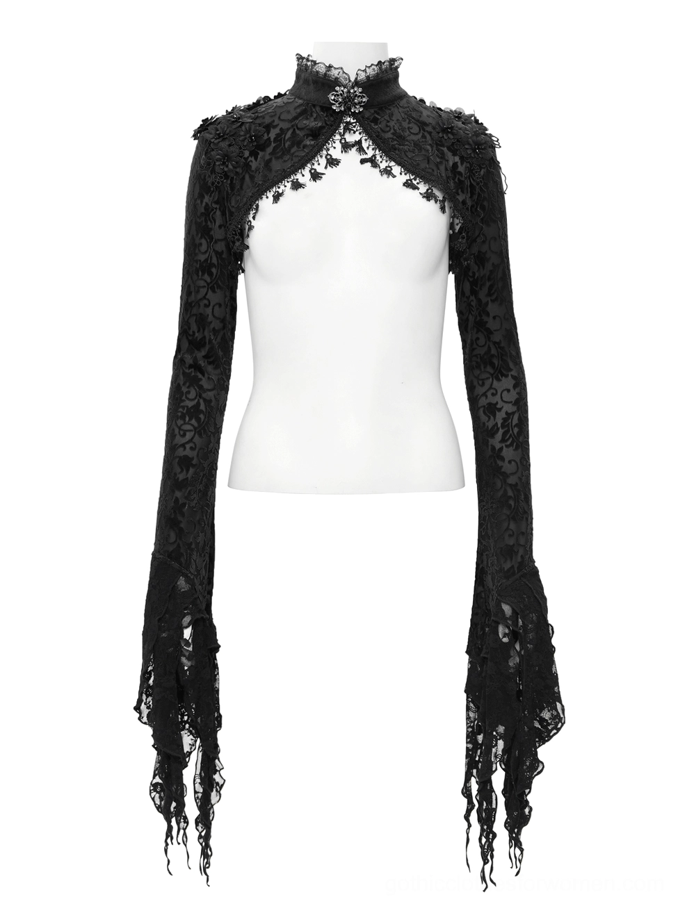 Black lace bolero with tasseled long bell sleeves displayed on front mannequin, theatrical sleeve design and lace detailing