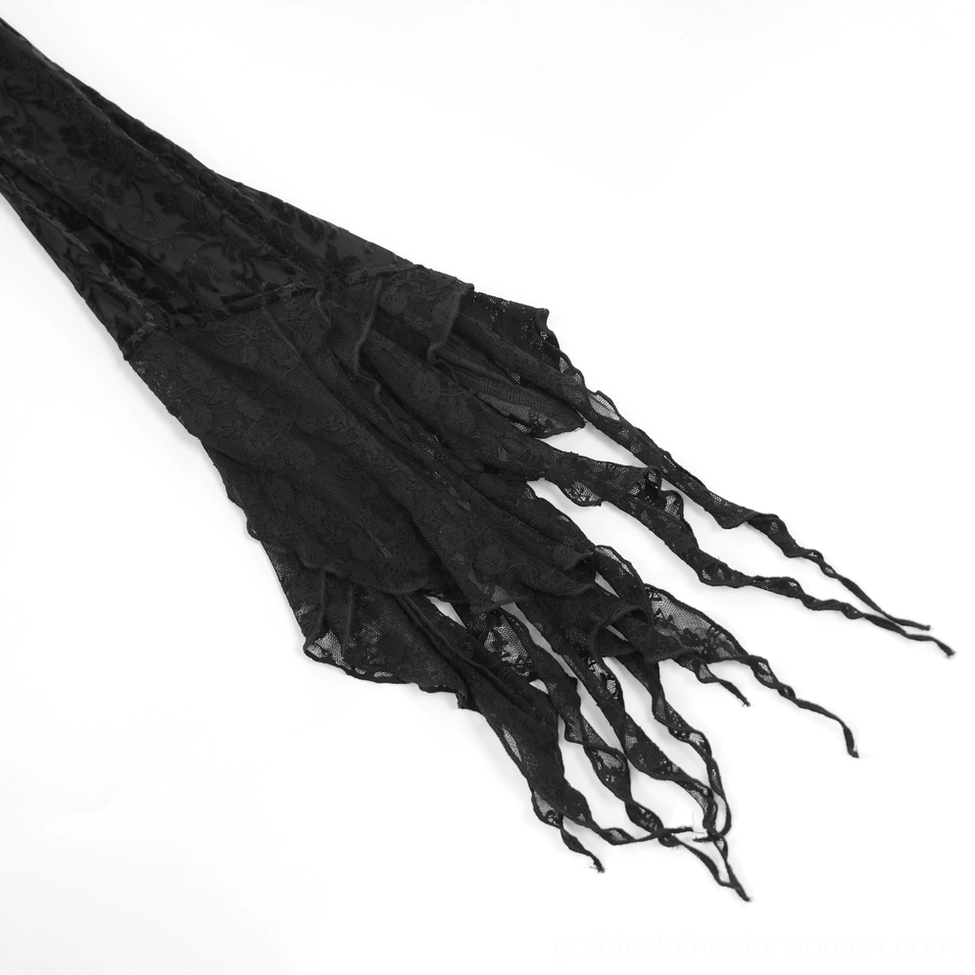 Black lace bolero with bell sleeves flat lay display showing overall silhouette and dramatic sleeve volume from above