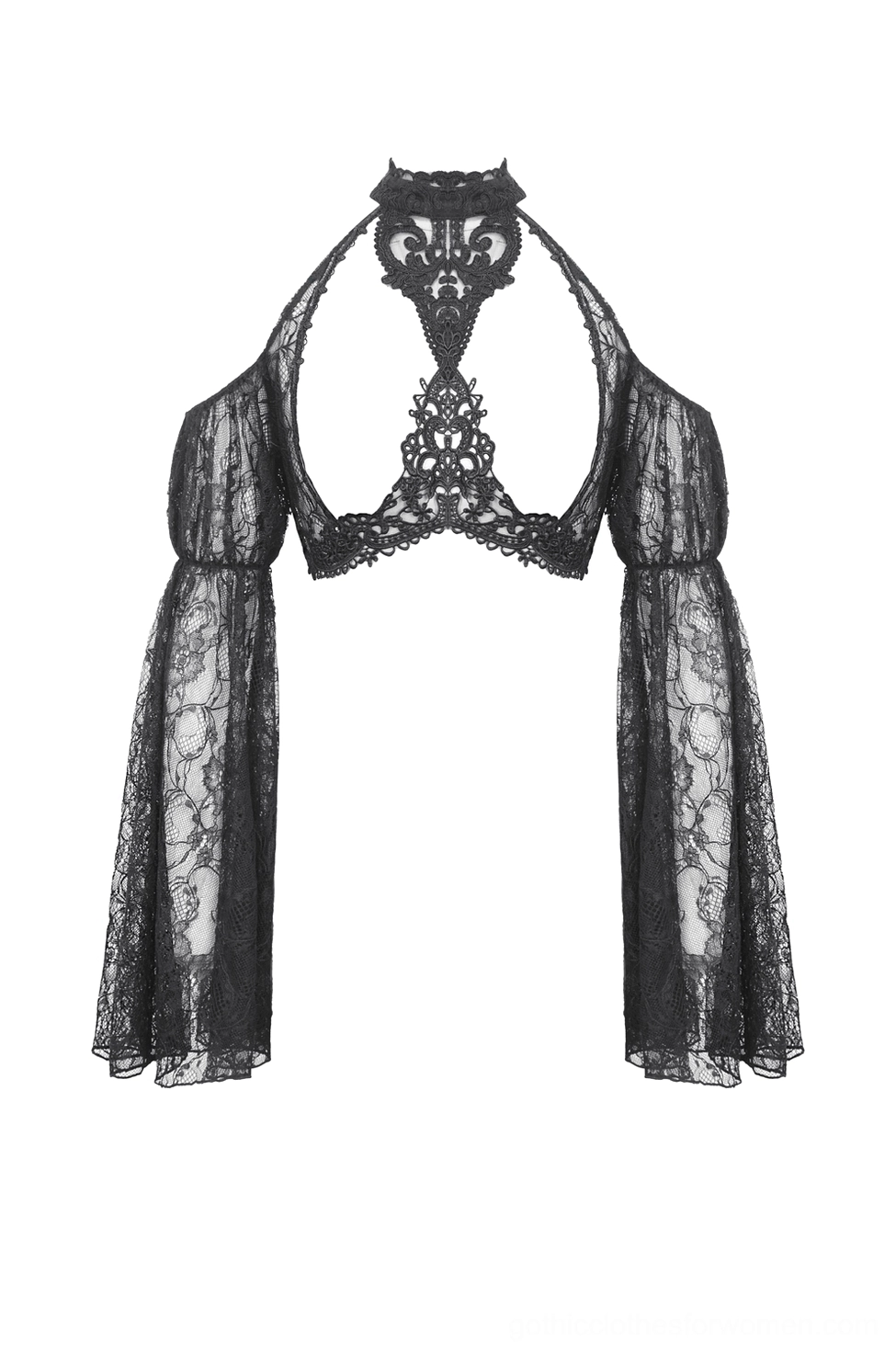 Black gothic lace bolero shrug flat lay front view showcasing sheer lace and halter neck design on white background