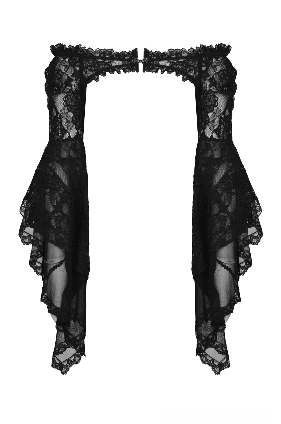 Single black lace off-the-shoulder bolero flat lay, scalloped lace edges and off-shoulder cut detail