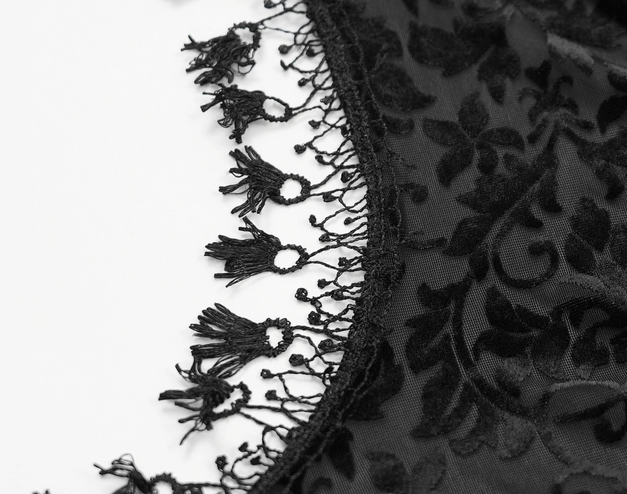 Black lace bolero shrug detail shot emphasizing floral lace pattern and delicate textile craftsmanship against plain background