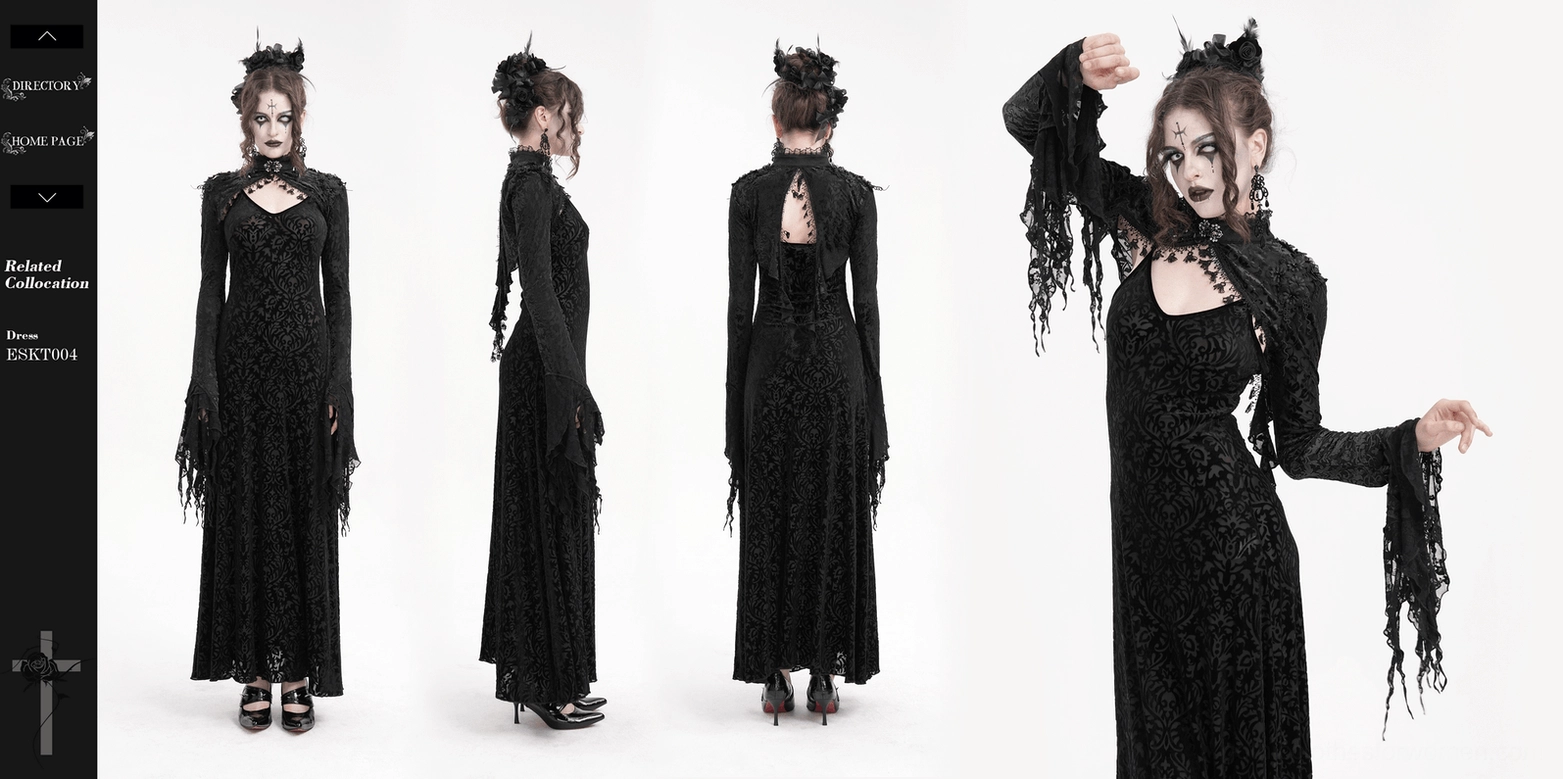 Black lace bolero shrug front and back comparison view on mannequin showing open back design and complete silhouette structure