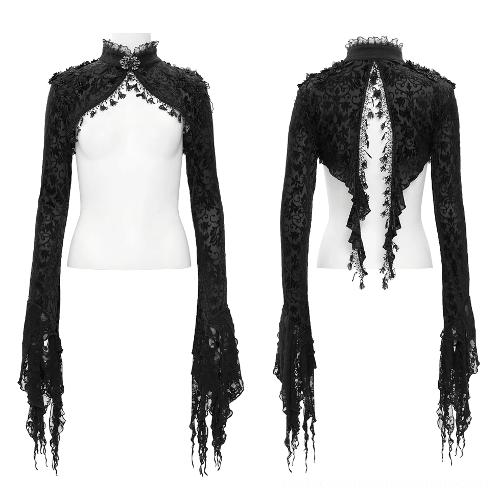 Black lace bolero shrug displayed on front mannequin torso showing high stand collar with lace trim and structured neckline