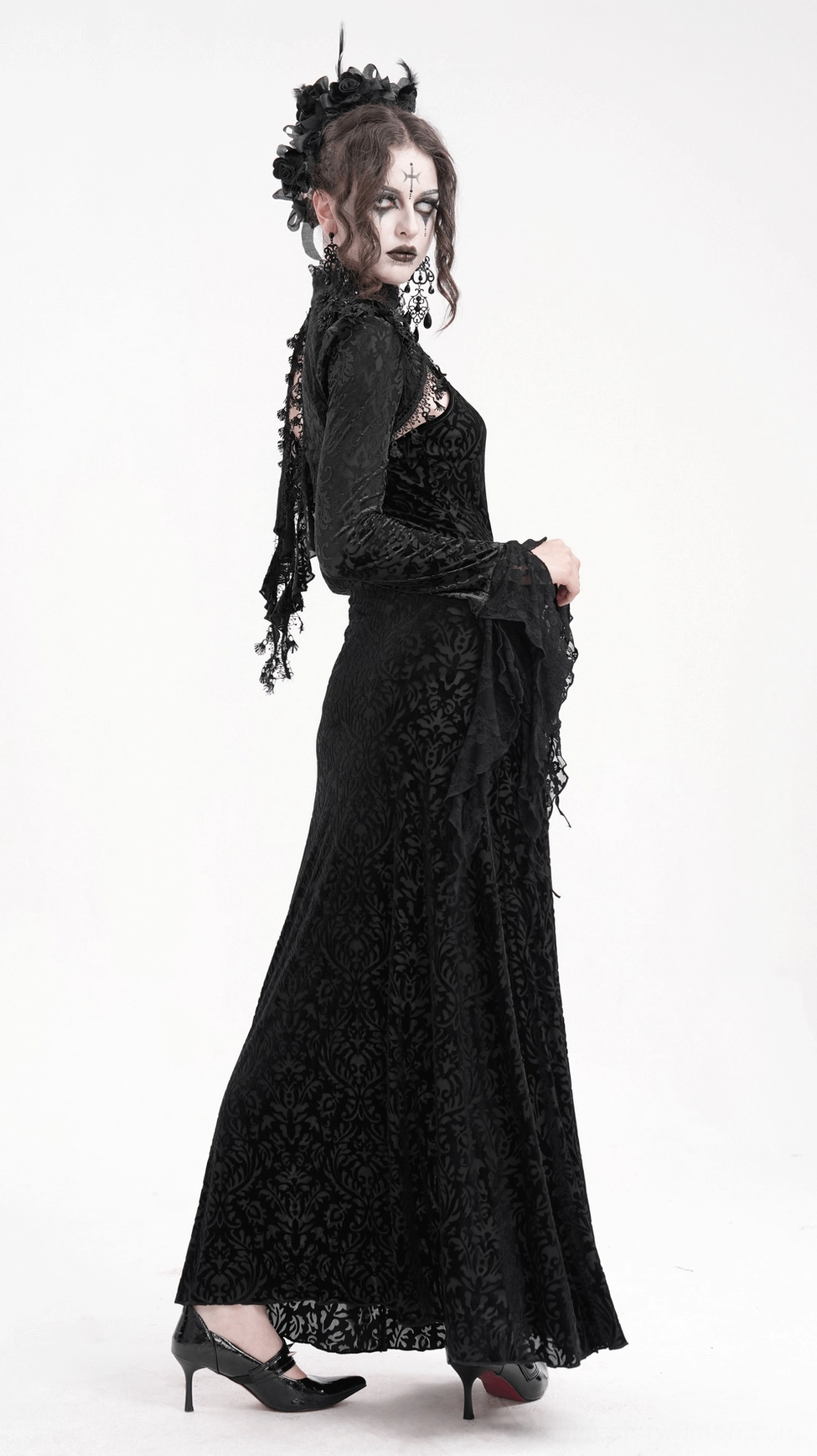 Black lace bolero full-length view on gothic model paired with coordinating outfit showcasing overall styling and proportions
