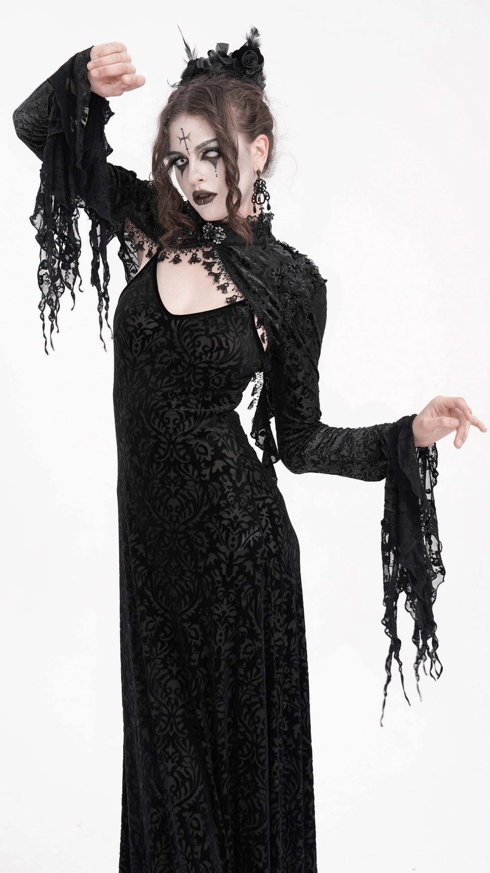 Black lace bolero neckline and upper torso detail on mannequin showcasing stand collar construction and lace trim craftsmanship