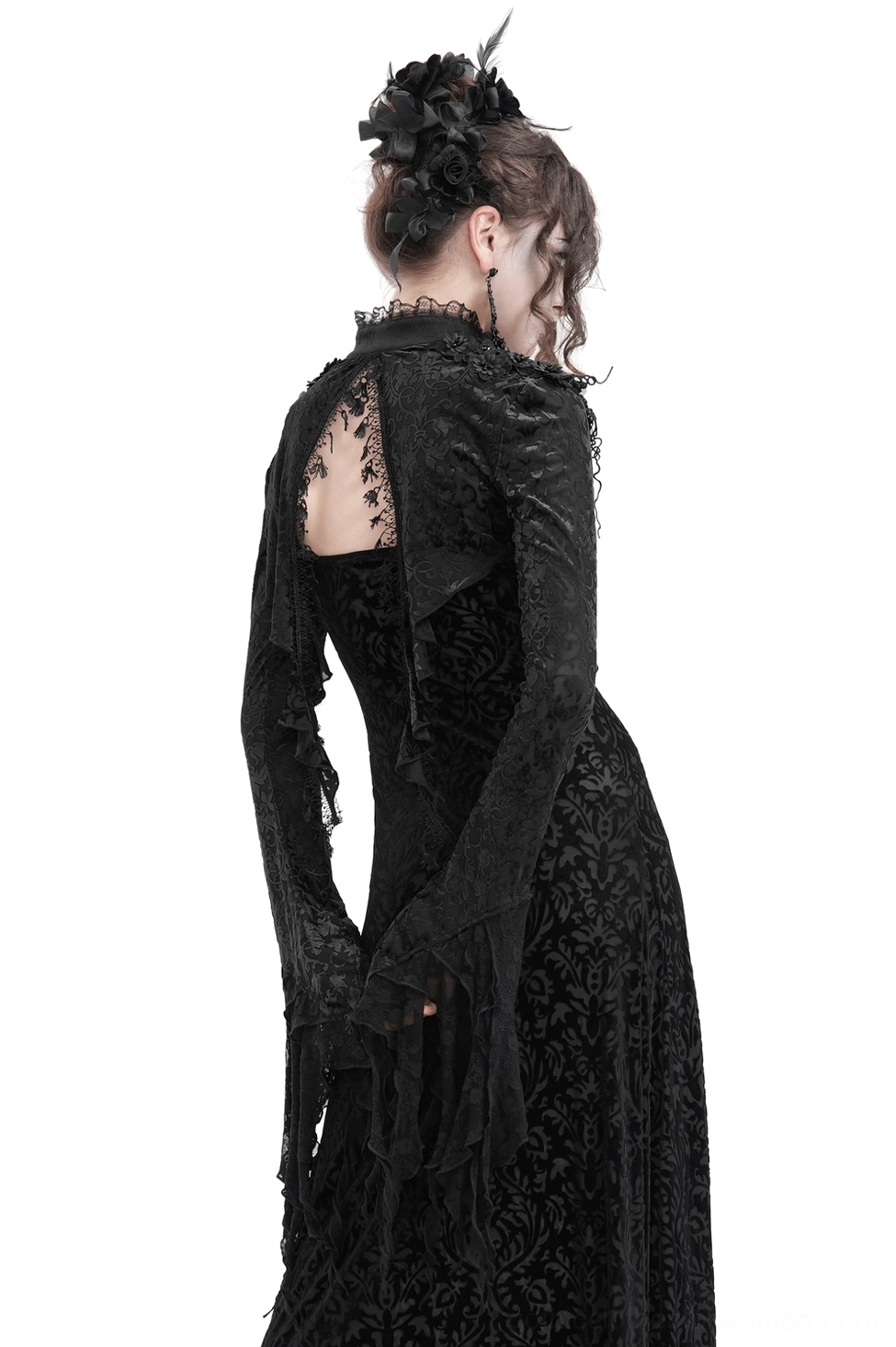 Gothic black lace bolero with open back design and tasseled lace drape, back view of model wearing floor-length velvet dress