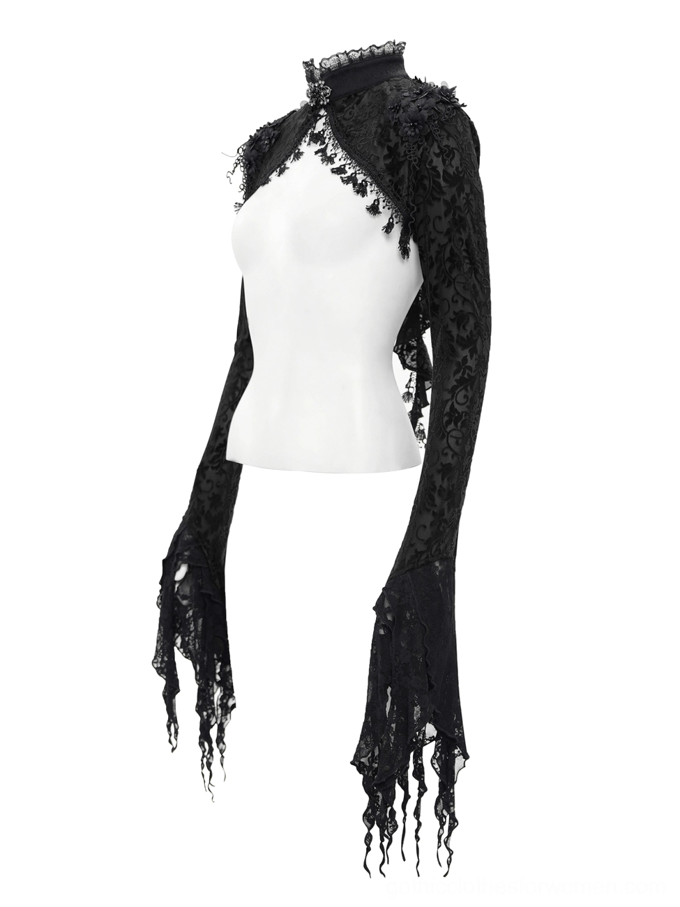 Black lace bolero shrug on side mannequin torso showing three-quarter view, asymmetrical open front design and dramatic silhouette