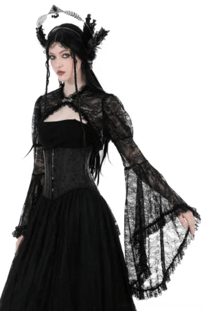 Three-quarter side view of black lace bolero on model with vintage gothic headpiece, displaying ruffled lace cuffs and high cutout neckline design