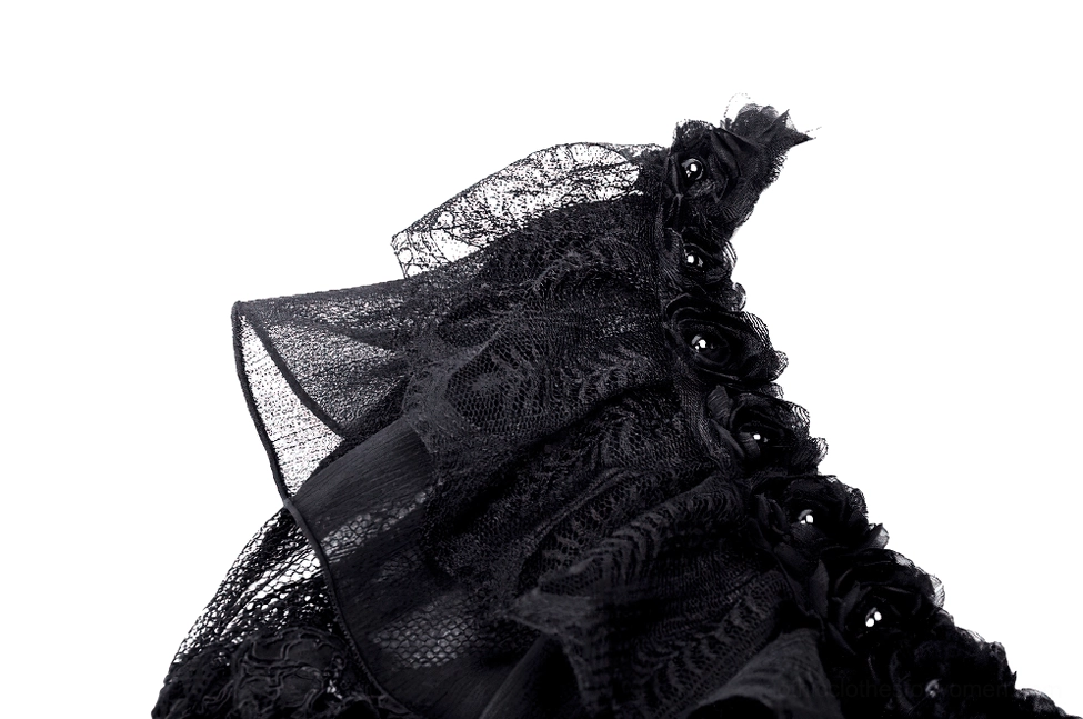 Close-up detail of layered black lace collar trim with beaded floral accents on gothic cape