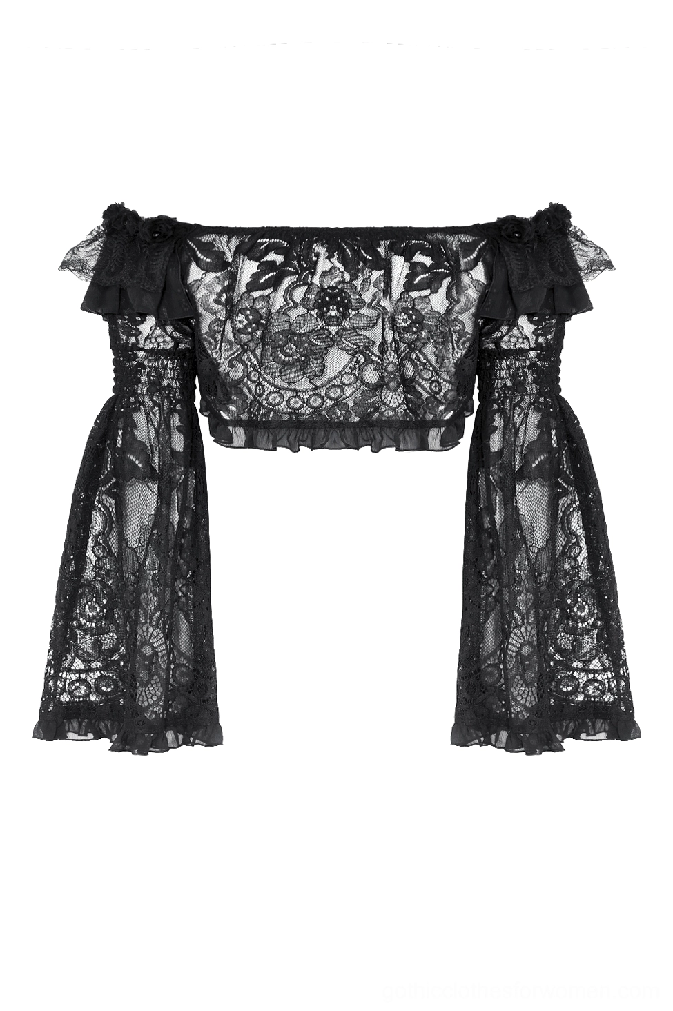 Flat-lay detail of black sheer lace bodice with ruffled off-shoulder edges and floral embroidery pattern