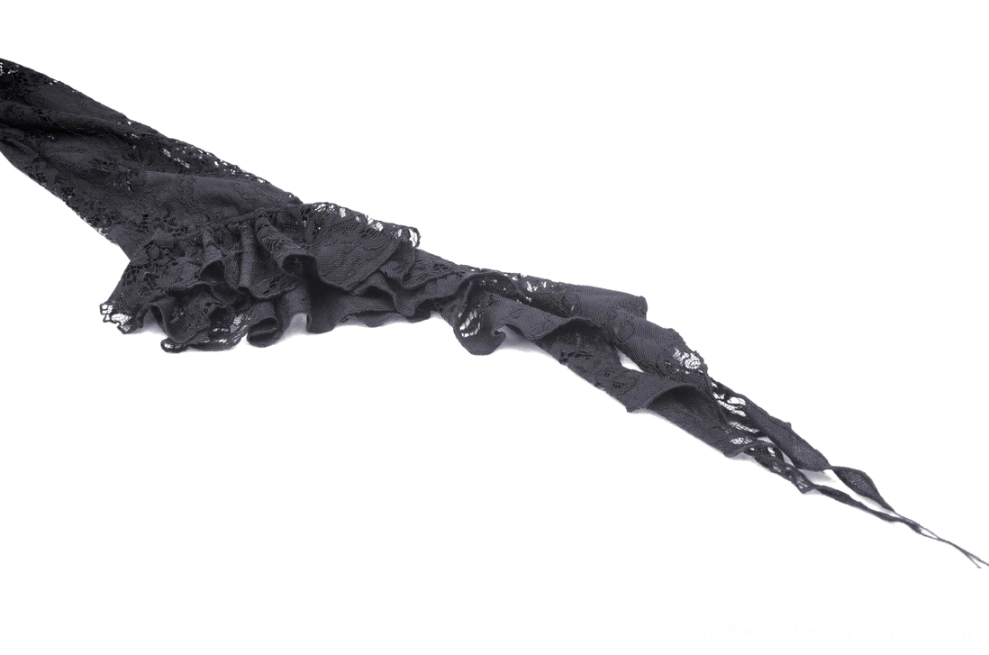 Gothic lace cape flared cuff with pointed hem trailing sheer mesh material close-up