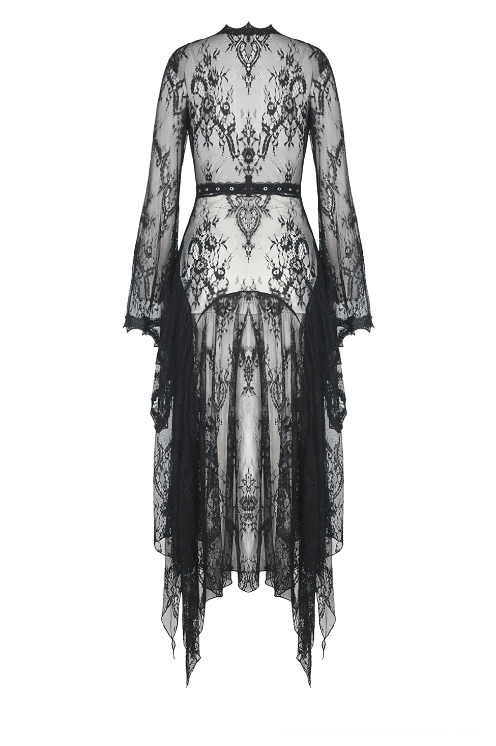 Black floral lace gothic cape irregular hem detail - flat lay back view