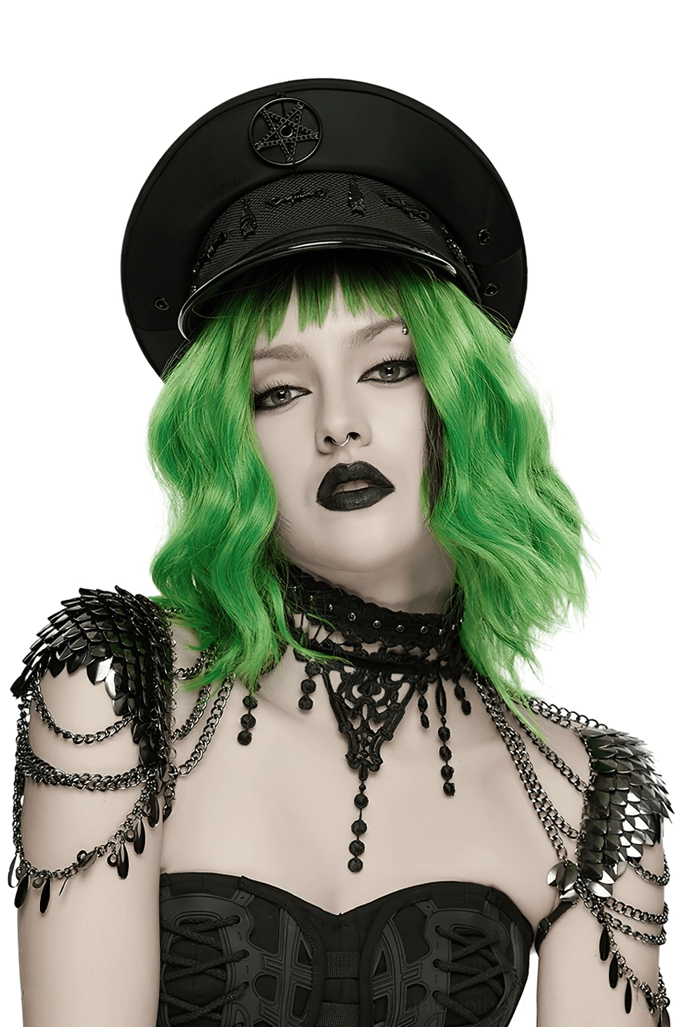 Black lace chain shoulder armor choker front view on model with green hair and police cap, showing scale metal shoulder pads and dangling chain tassels