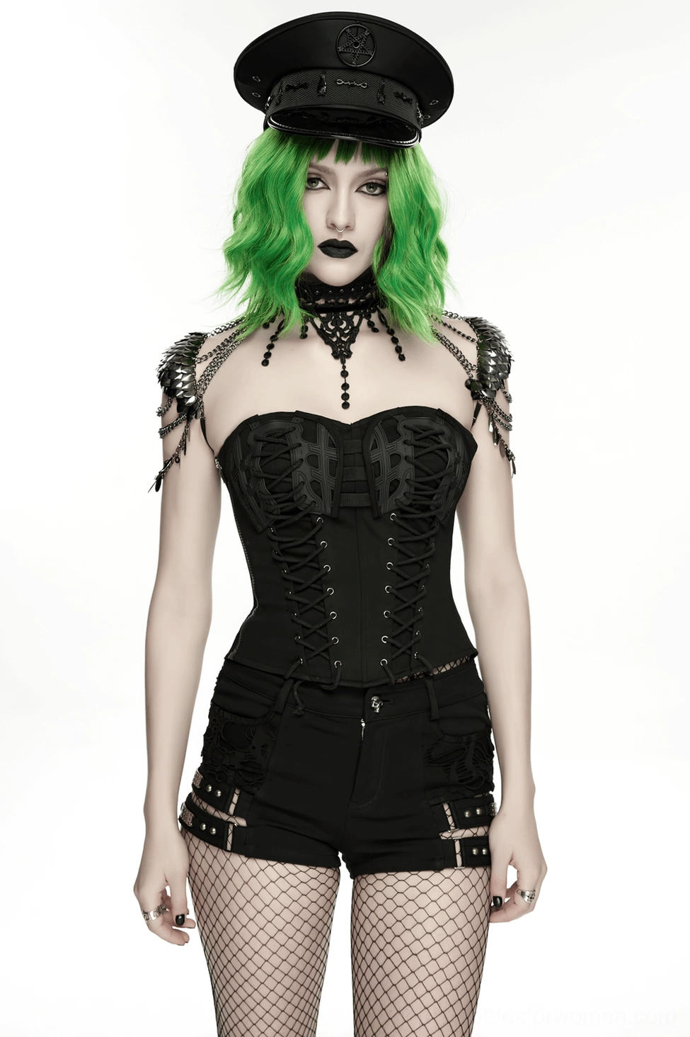Black lace chain shoulder armor choker full product view on white background showing complete harness aesthetic