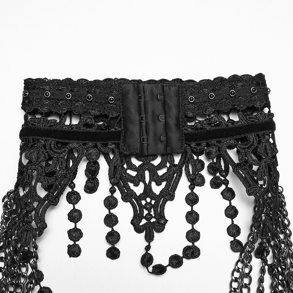 Black lace choker base close-up showing hook-and-eye closure and hollow carved lace pattern details