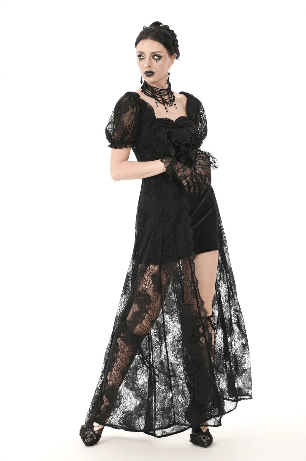 Black lace corset maxi dress demonstrating adjustable back closure and fit flexibility