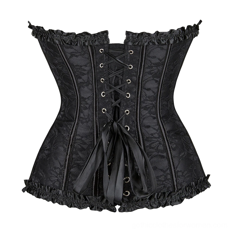 Black lace overbust corset back view showing dramatic ribbon lace-up closure, ruffled hem, and boned silhouette construction