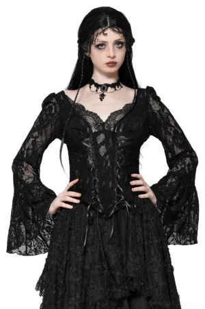 Black lace corset top with bell sleeves front view, featuring adjustable satin ribbon lace-up closure and layered V-neckline on gothic model