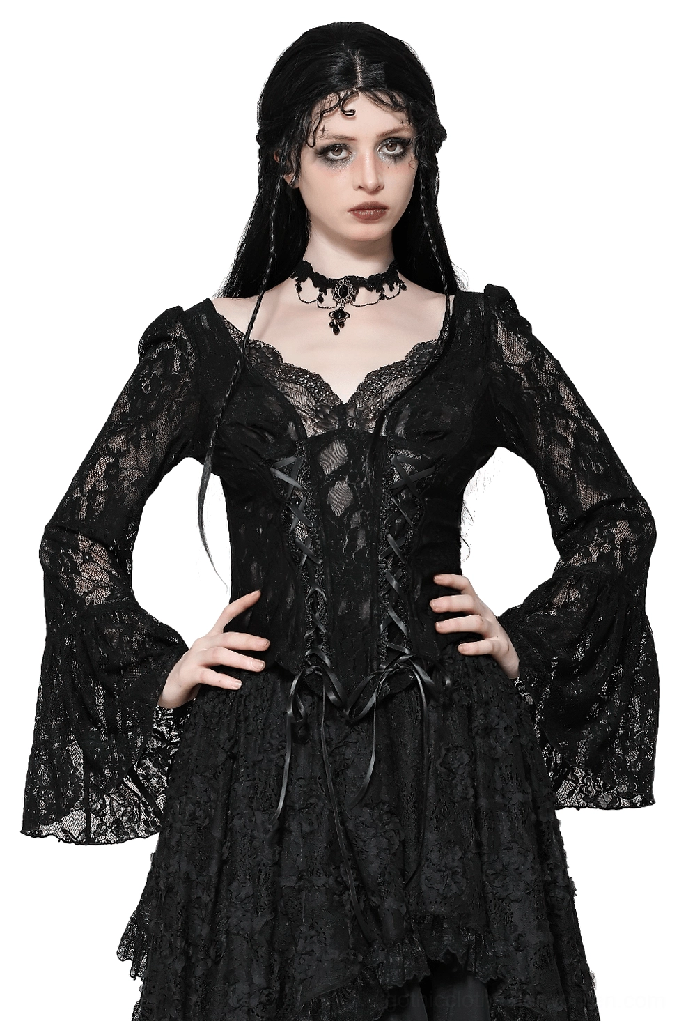 Black lace corset top with bell sleeves front view, featuring adjustable satin ribbon lace-up closure and layered V-neckline on gothic model