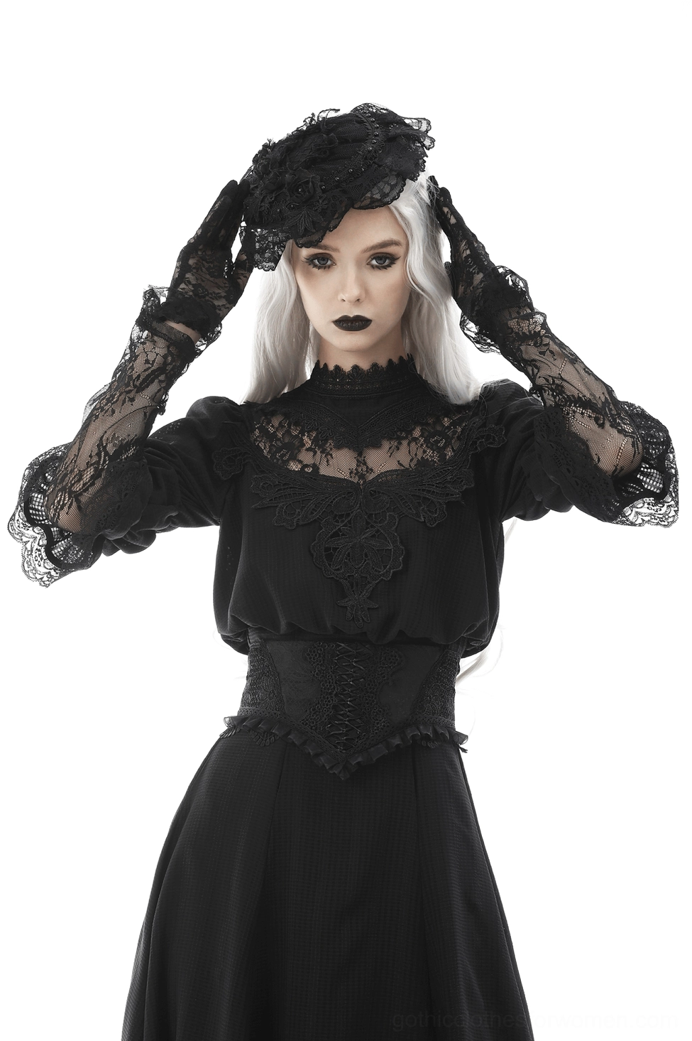 Alternative angle of black lace corset waist belt showing overall garment proportions, sleeve integration, and Victorian gothic aesthetic