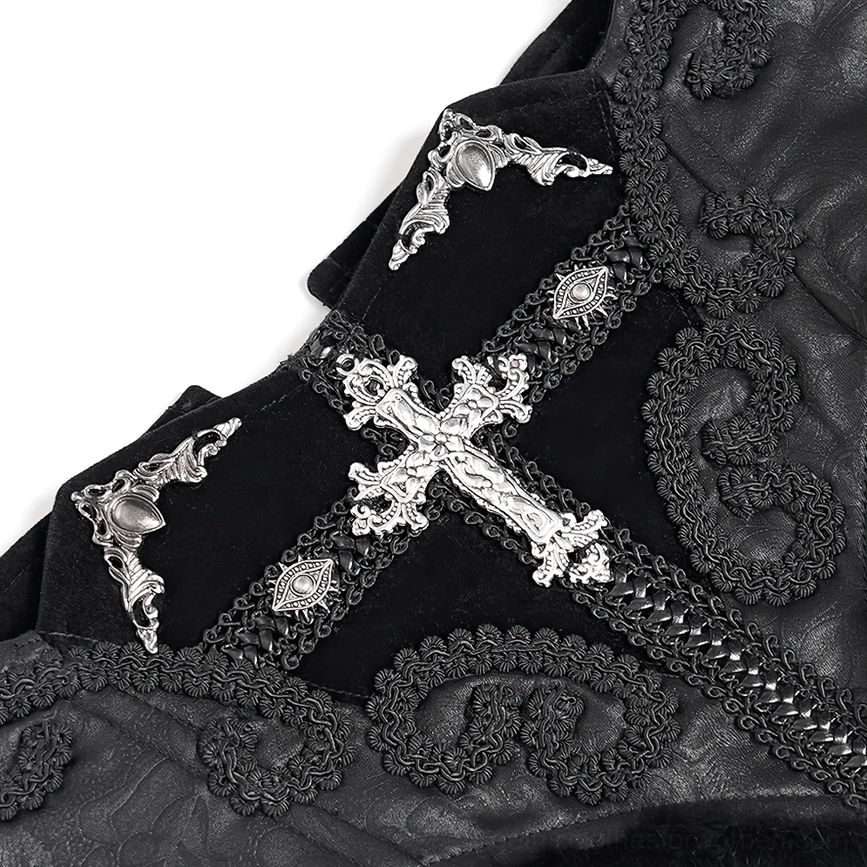 Black lace corset belt with cross embroidery full product shot on white background showcasing complete design including front zip closure and ornate embellishments