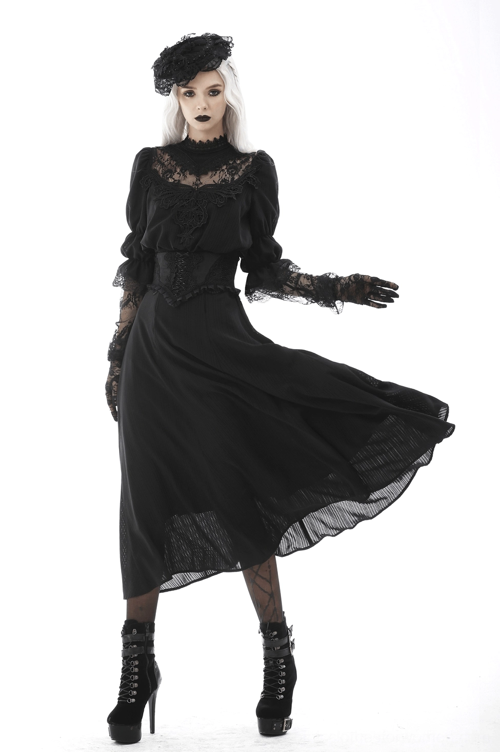 Detailed product photography of black lace corset waist belt featuring lace appliqué pattern and ribbon lacing system quality