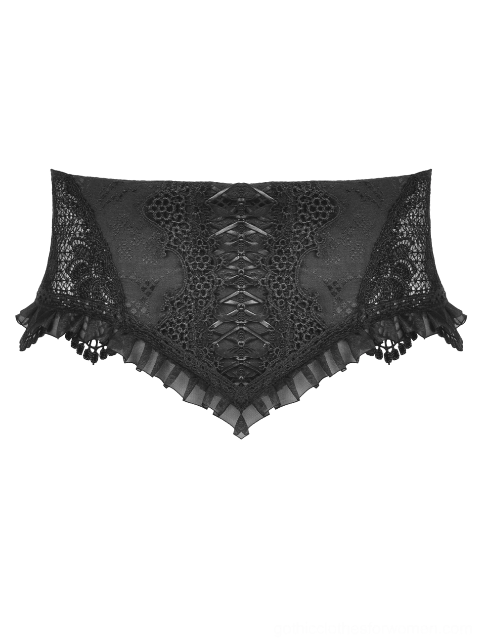 Black lace corset belt flat lay photography showing triangular hem detail, ruffled lace trim edge, and overall front silhouette