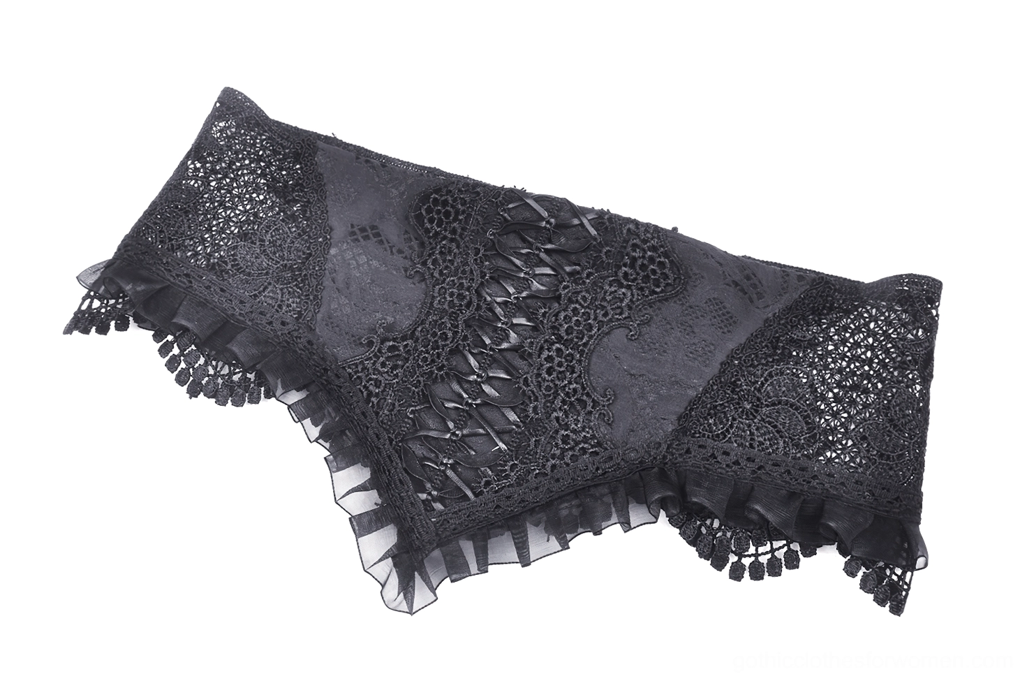 Black lace corset waist belt oblique side angle flat lay showing floral lace pattern detail and draped fabric texture