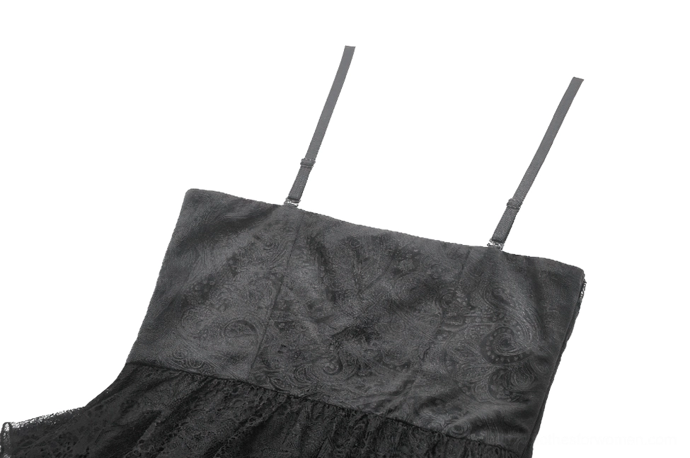 Detail shot of gothic dress corset back bodice with satin jacquard fabric and adjustable spaghetti straps