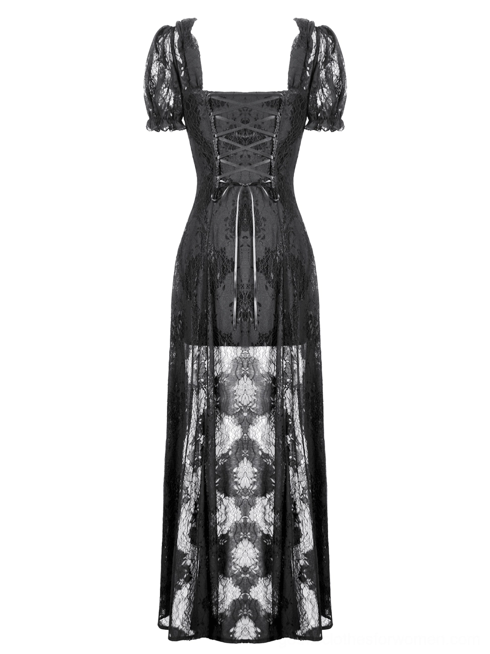 Black lace corset dress back view on mannequin showing lace-up closure and sheer panel