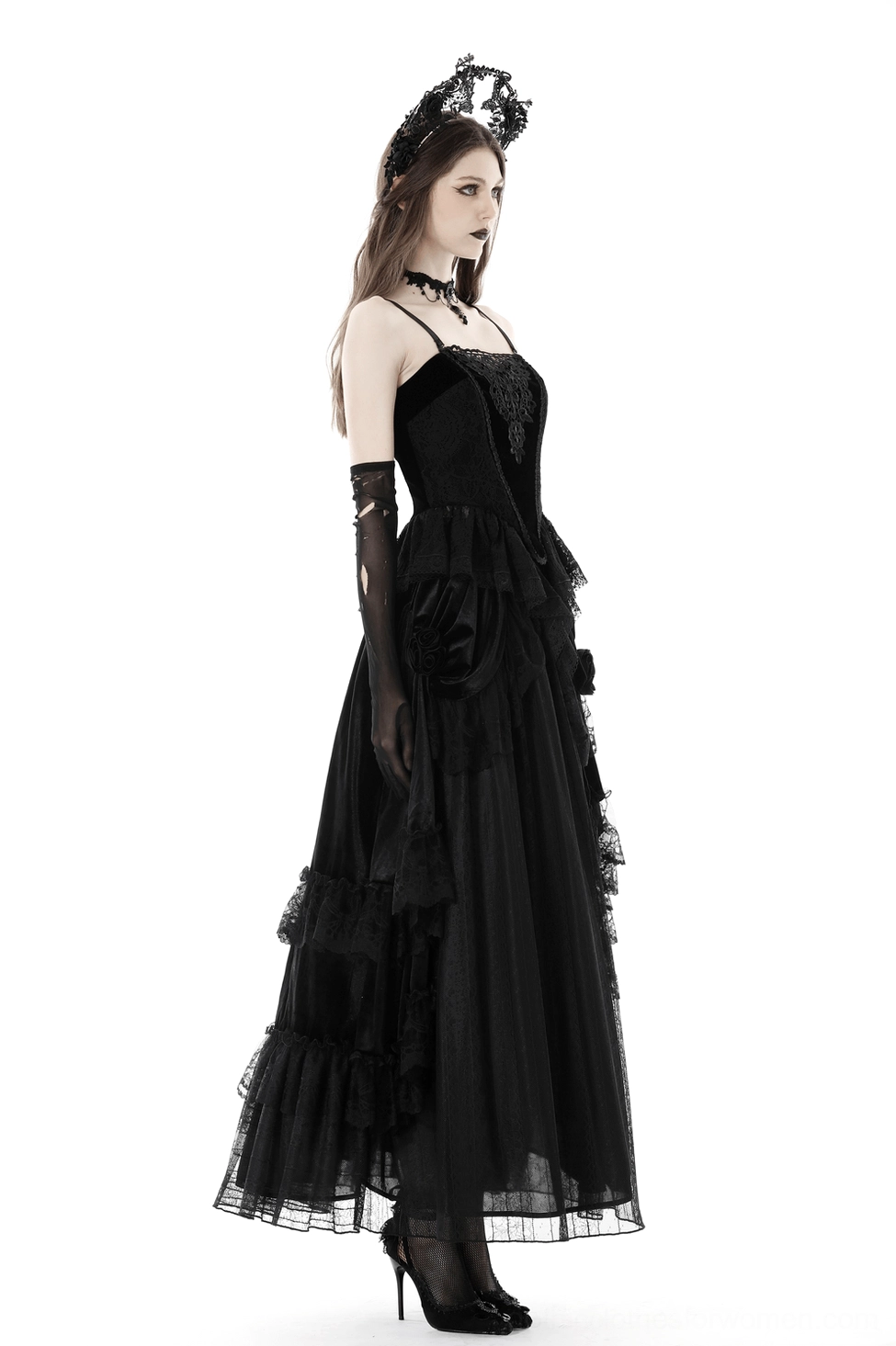 Black lace corset evening wear styling with formal gothic aesthetic