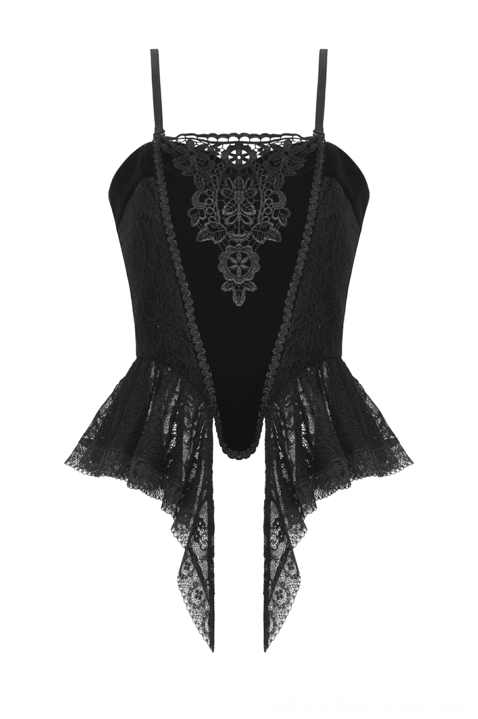 Black lace corset top flat lay front view showing handkerchief hem and floral pattern