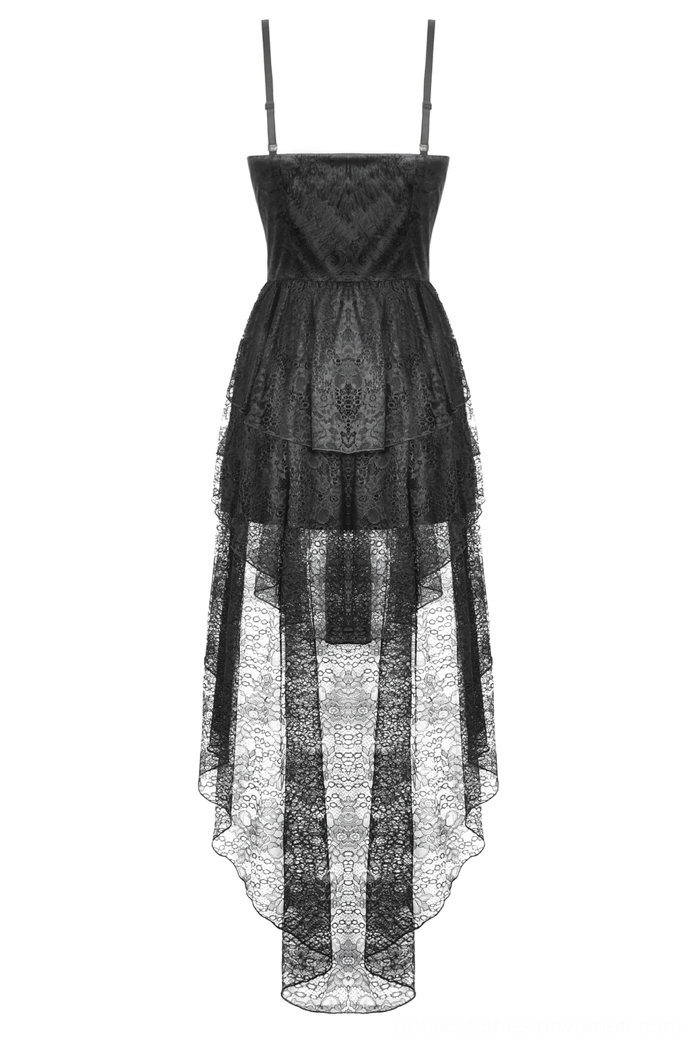 Black gothic lace dress back flat lay showing open back and sheer lace train
