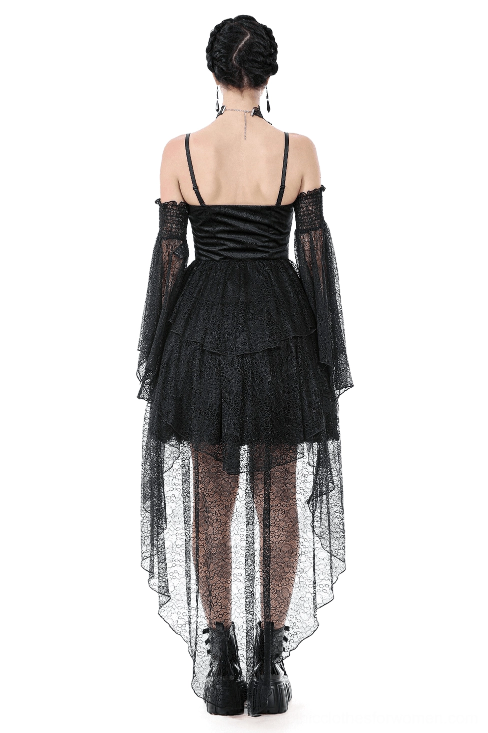 Gothic black lace dress back view showing sheer lace train and open back design