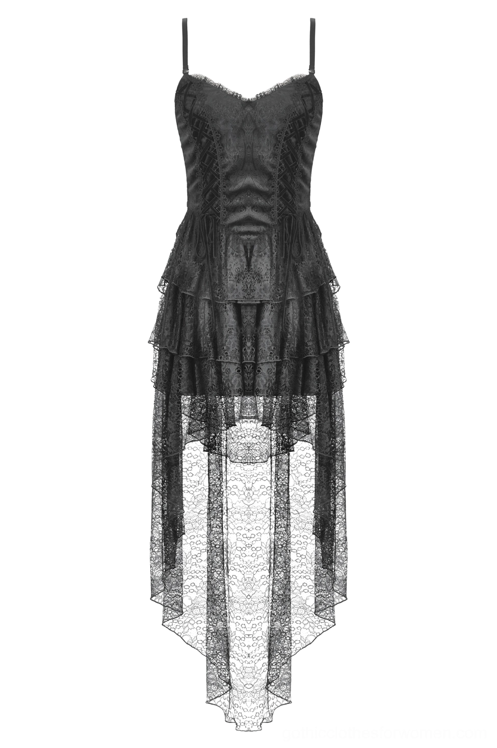 Flat lay of black lace gothic corset dress showing sweetheart neckline and layered skirt