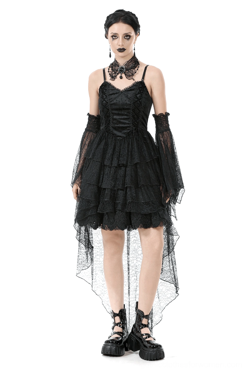 Black lace corset gothic dress with adjustable spaghetti straps and tiered asymmetrical hem front view
