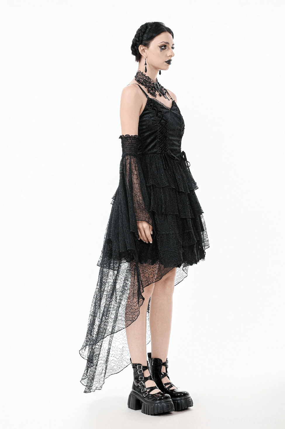 Black lace gothic corset dress styled display showcasing asymmetrical high-low hemline