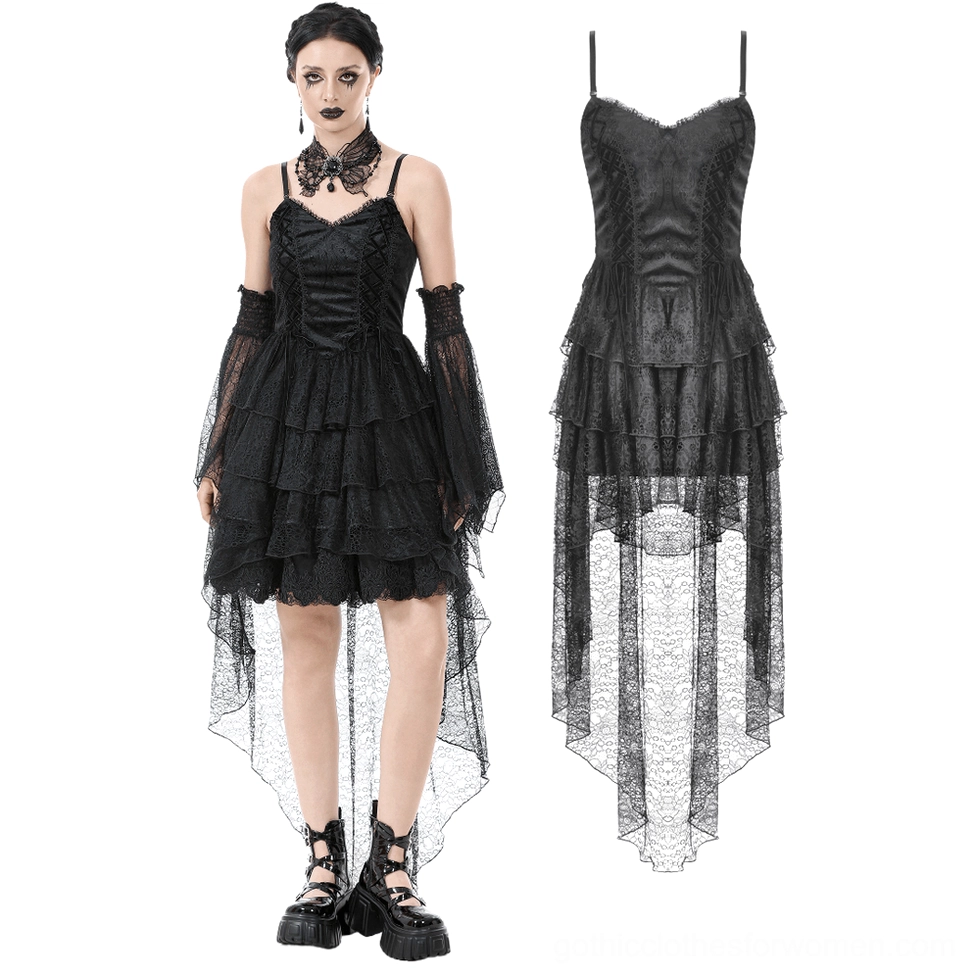 Model wearing black gothic lace corset dress with flat lay product display